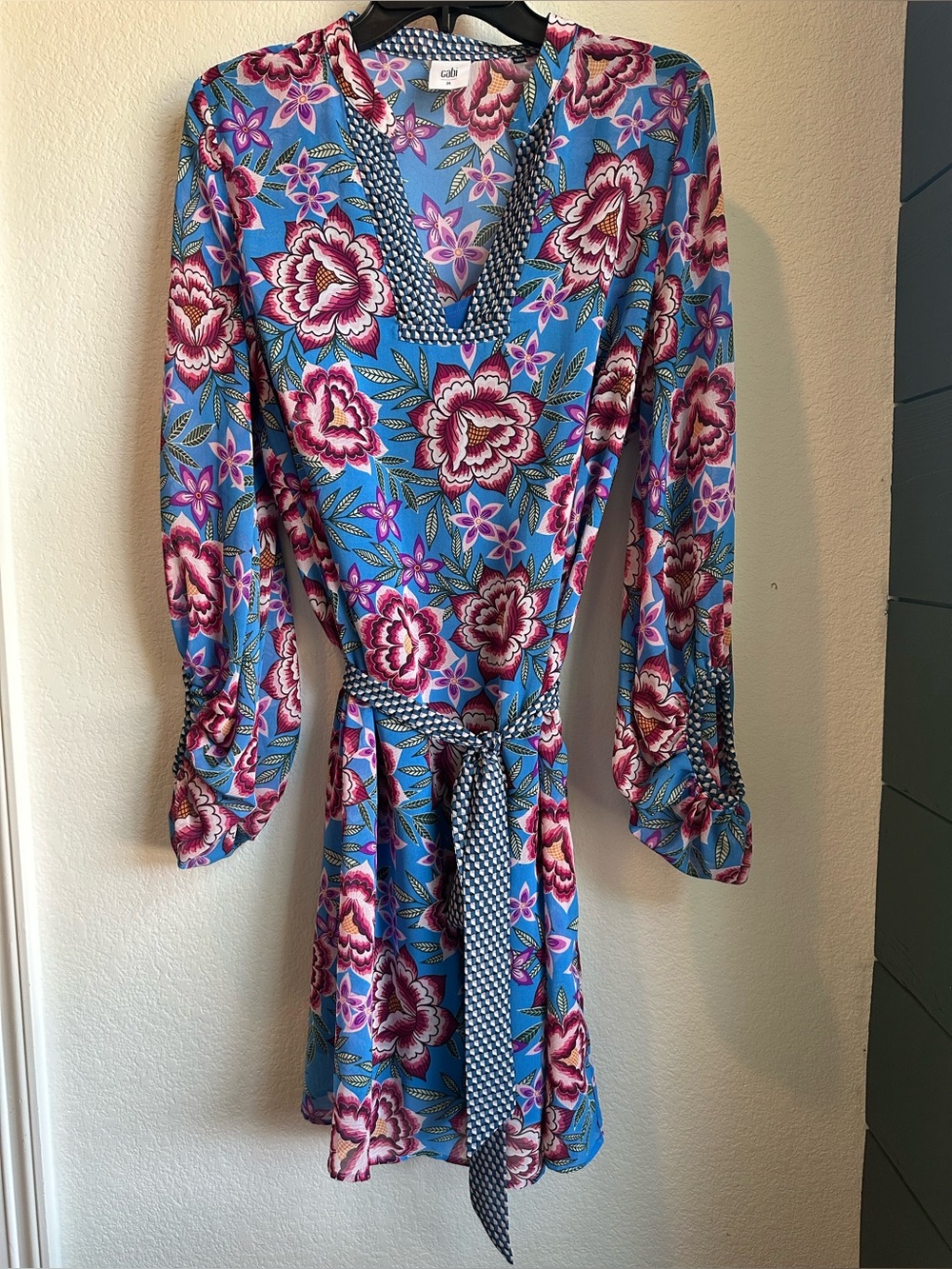 CAbi Blue Floral Long-Sleeve Wrap Dress with Tie Belt